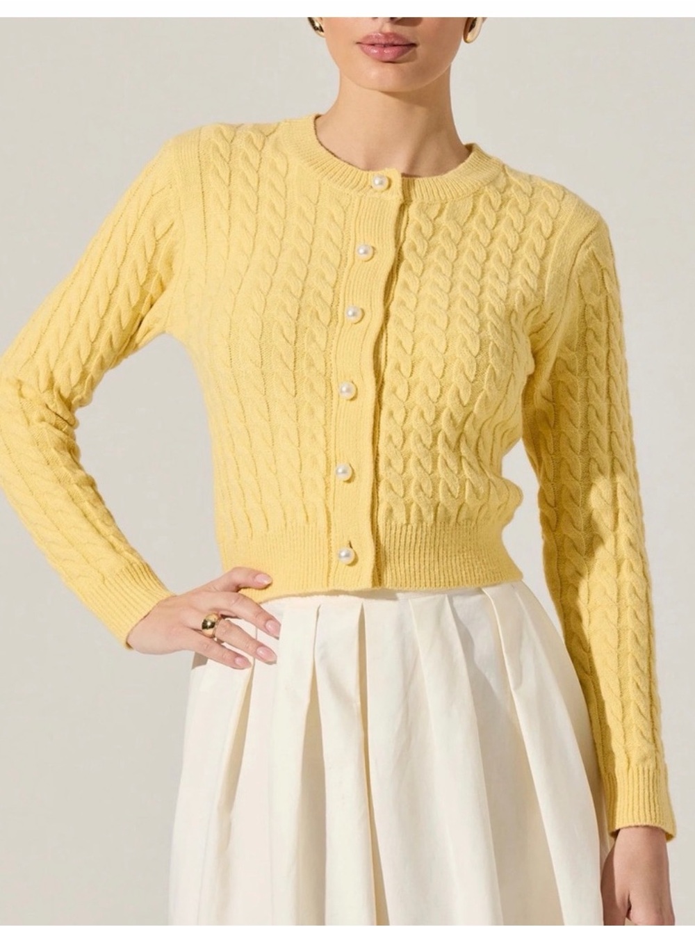 ASTR Pale Yellow Cable Knit Pearl Button Cardigan
